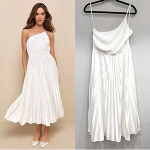 Sz L - NWOT Lulus Alluring Marvel Ivory Pleated Satin One-Shoulder Midi‎ Dress